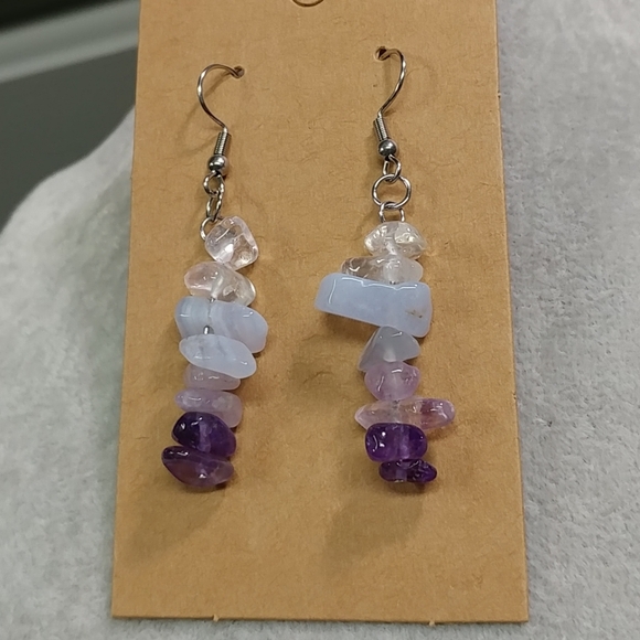 Amethyst Quartz Crystal Blue Lace Agate Earrings Natural Gemstone Chip Beaded - Picture 4 of 10